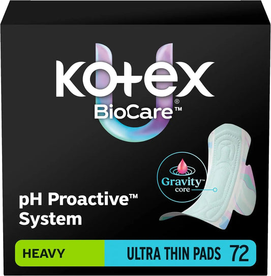 Kotex BioCare Ultra Thin Pads, Wings, Heavy, 72 Count, 3 Packs of 24