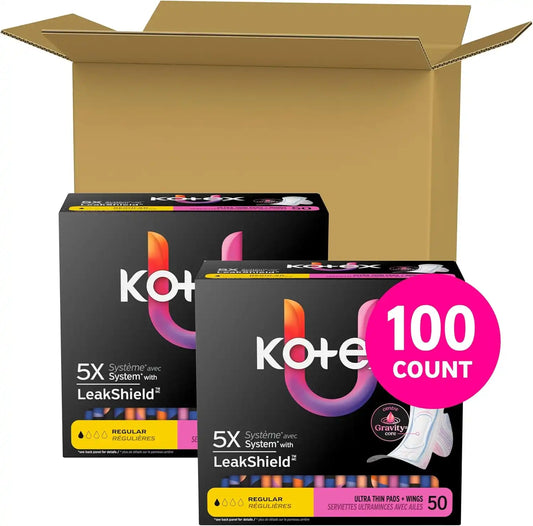 Kotex Ultra Thin Pads, Wings, Regular, 100 Count, 2 Packs of 50