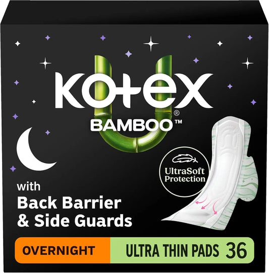 Kotex Bamboo Ultra Thin Overnight Pads, Wings, 36 Count
