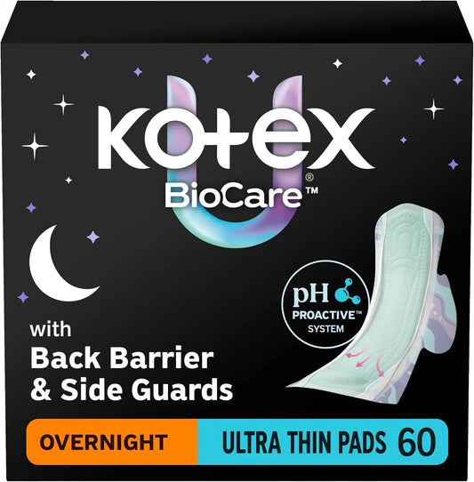 Kotex BioCare Ultra Thin Overnight Pads, Wings, 60 Count, 3 Packs of 20