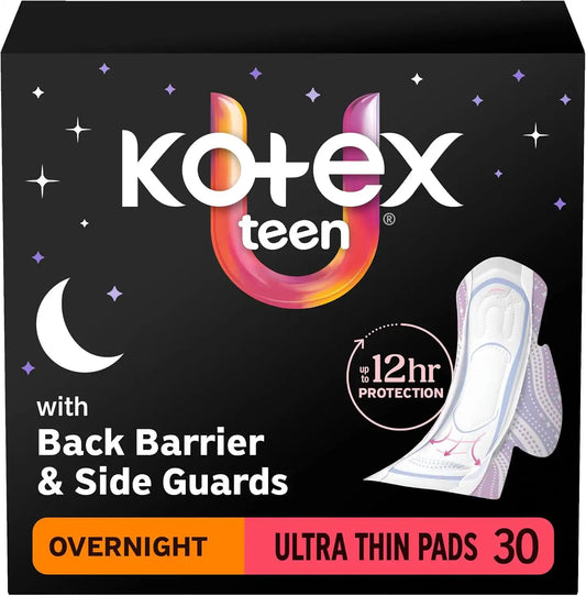 Kotex Ultra Thin Teen Overnight Pads, Wings, Heavy, 30 Count