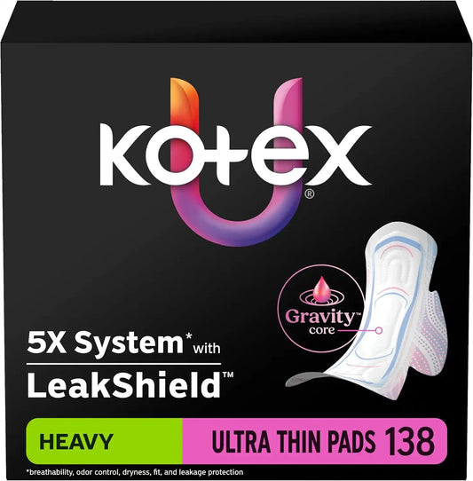 Kotex Ultra Thin Pads, Wings, Heavy, 138 Count, 3 Packs of 46