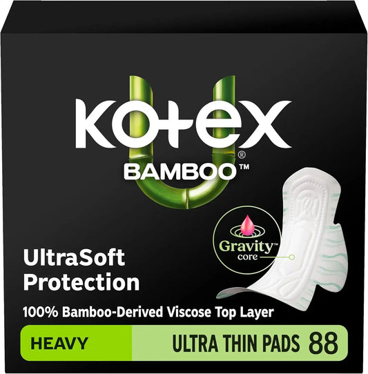 Kotex Bamboo Ultra Thin Pads, Wings, Heavy, 88 Count, 2 Packs of 44