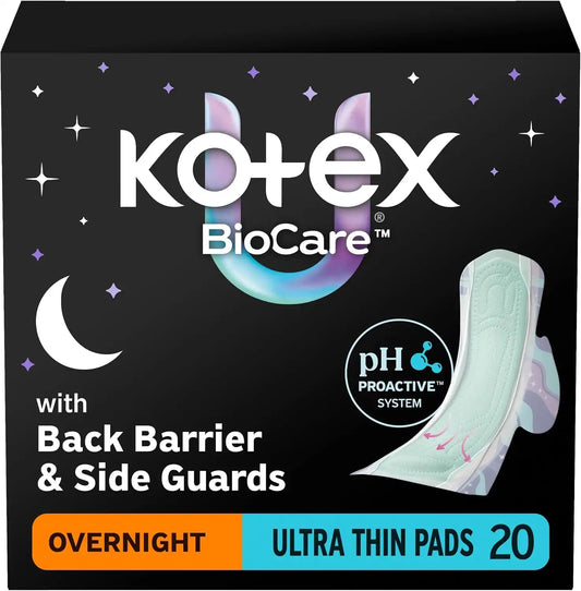Kotex BioCare Ultra Thin Overnight Pads, Wings, 20 Count