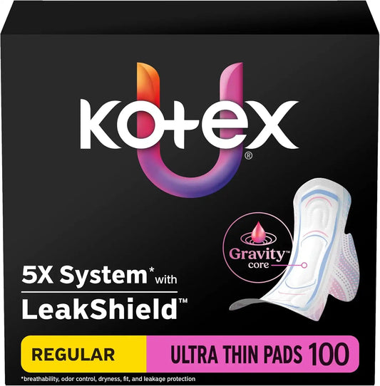 Kotex Ultra Thin Pads, Wings, Regular, 100 Count, 2 Packs of 50