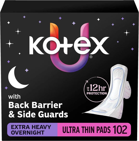 Kotex Ultra Thin Overnight Pads, Wings, Extra Heavy, 102 Count