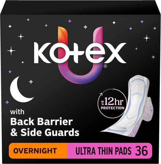 Kotex Ultra Thin Overnight Pads, Wings, Heavy, 36 Count
