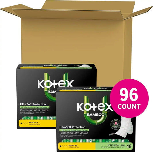 Kotex Bamboo Ultra Thin Pads, Wings, Regular, 96 Count, 2 Packs of 48