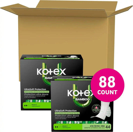 Kotex Bamboo Ultra Thin Pads, Wings, Heavy, 88 Count, 2 Packs of 44