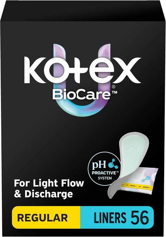 Kotex BioCare Wrapped Liners, Light Absorbency, Regular Length, 56 Count