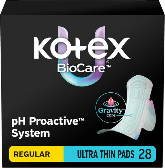 Kotex BioCare Ultra Thin Pads, Wings, Regular, 28 Count