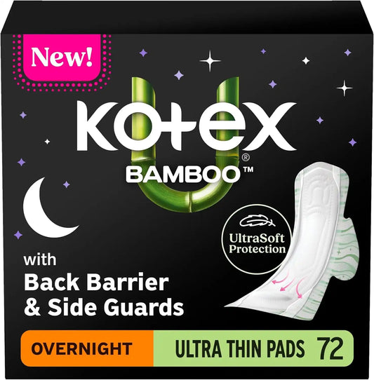 Kotex Bamboo Ultra Thin Overnight Pads, Wings, 72 Count, 2 Packs of 36