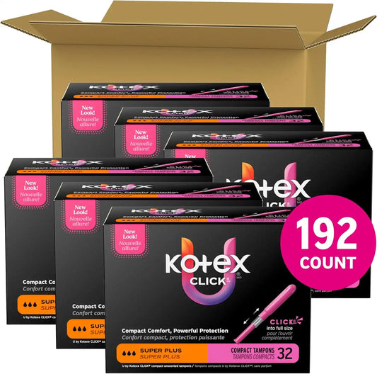 U by Kotex Click Compact Tampons, Super Plus, 192 Count, 6 Packs of 32