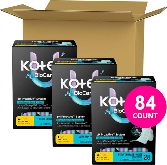 Kotex BioCare Ultra Thin Pads, Wings, Regular, 84 Count, 3 Packs of 28