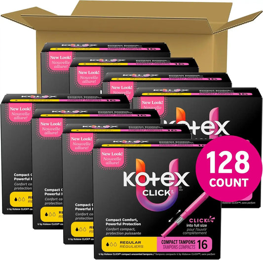 U by Kotex Click Compact Tampons, Regular, 128 Count, 8 Packs of 16
