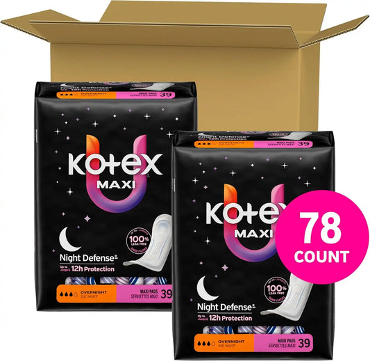 Kotex Overnight Maxi Pads, 78 Count, 2 Packs of 39