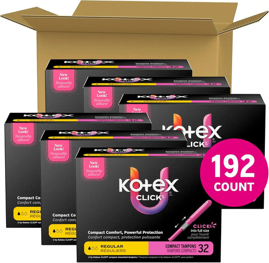 U by Kotex Click Compact Tampons, Regular, 192 Count, 6 Packs of 32