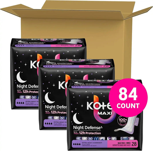 Kotex Overnight Maxi Pads, Wings, Extra Heavy, 84 Count, 3 Packs of 28
