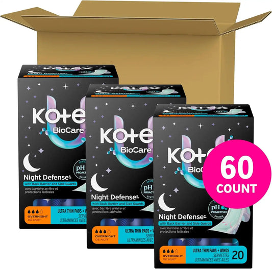 Kotex BioCare Ultra Thin Overnight Pads, Wings, 60 Count, 3 Packs of 20